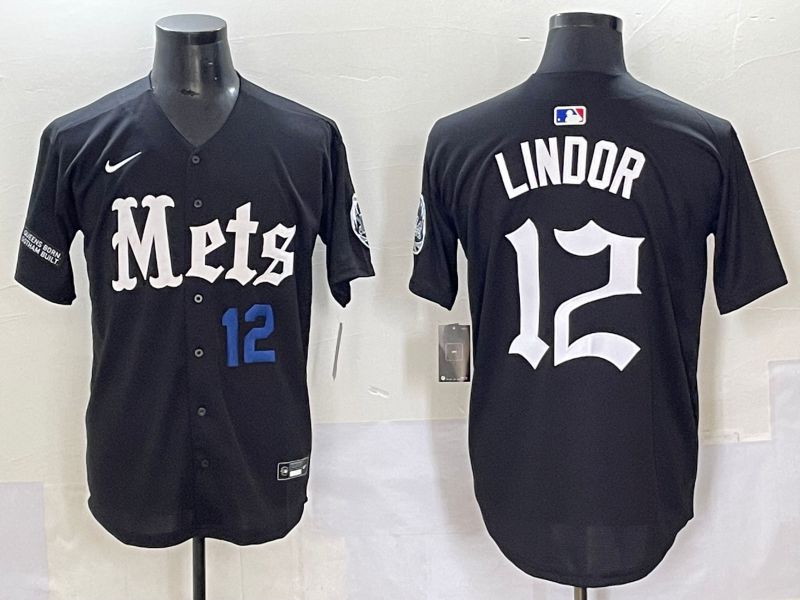 Men 2025 New York Mets #12 Lindor Black Five generations Joint Name Nike MLB Jersey style 5